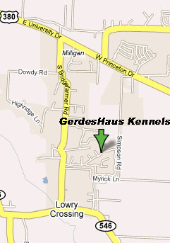 Location of GerdesHaus Kennels.  730 Overland Drive, McKinney, TX  75069